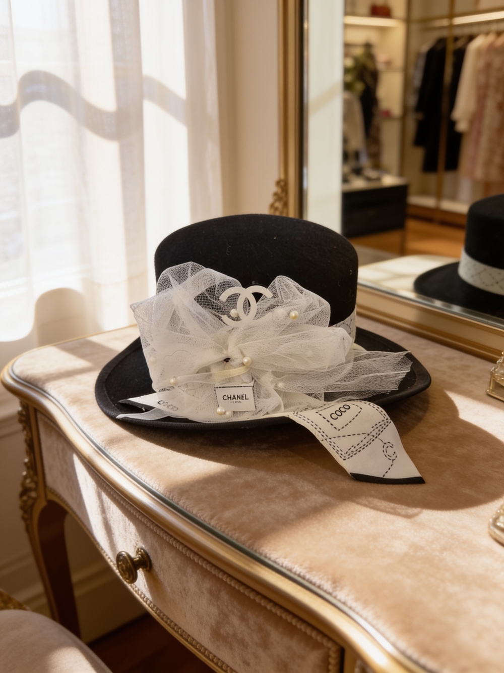 CHANEL Black Hat with White Tulle Bow, Ribbon & Pearl Detail